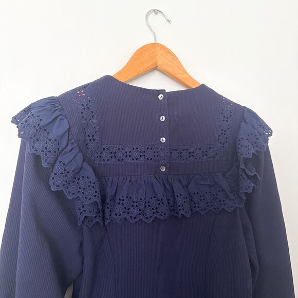 Doen Minore Dress Navy Size S Eyelet Collared Long Sleeve Organic Cotton Cottage - Picture 13 of 13